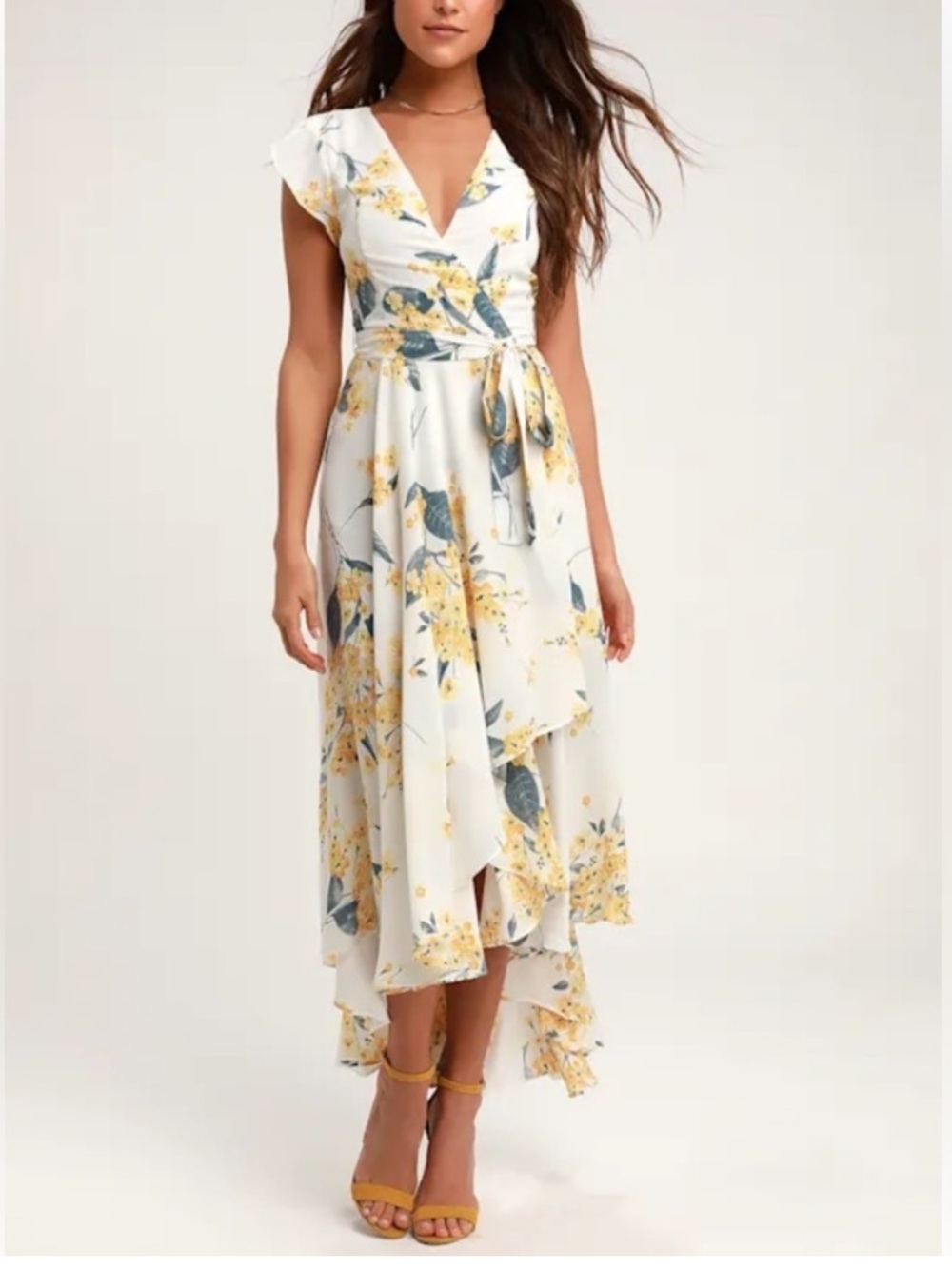 Lulu's White Floral V-Neck Hi-Low Midi Dress - Picture 2 of 13